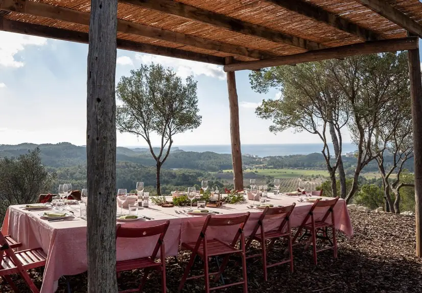 A table laid for lunch under a reed pergola at Las Barracas, looking across wooded hills to the sea